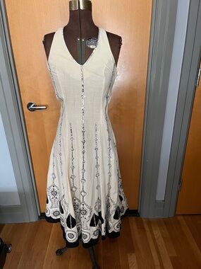 Cream Midi Dress with Black Embroidered Trim